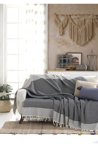 Lux Touch Bergama Pamuklu Püsküllü Süngersiz Geometrik Desenli Siyah Tekli Koltuk Örtüsü 170x200 cm