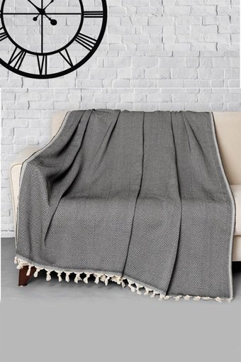 Denizli Concept Pamuklu - Polyester Kanvas Püsküllü Süngersiz Armürlü Siyah Üçlü Koltuk Örtüsü 170x300 cm