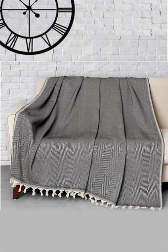 Denizli Concept Pamuklu - Polyester Kanvas Püsküllü Süngersiz Armürlü Siyah Üçlü Koltuk Örtüsü 170x300 cm