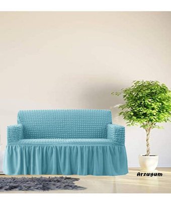 Arzuyum Polyester Bürümcük Fırfırlı Süngersiz Armürlü Giydirmeli Lastikli Mavi Tekli Koltuk Örtüsü 84x203 cm