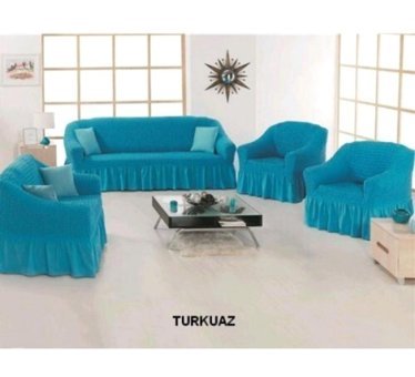 Nusret Pamuklu Bürümcük Fırfırlı Süngersiz Çiçek Desenli Giydirmeli Turkuaz Dörtlü Koltuk Örtüsü 180x230 cm
