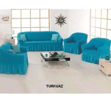 Nusret Pamuklu Bürümcük Fırfırlı Süngersiz Çiçek Desenli Giydirmeli Turkuaz Dörtlü Koltuk Örtüsü 180x230 cm