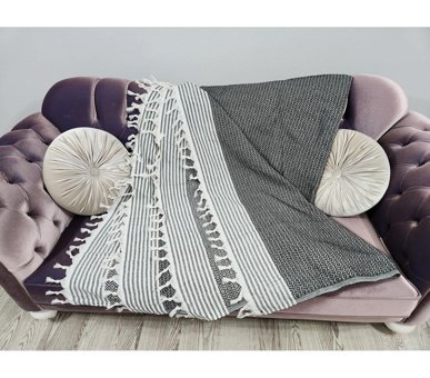 Mania Pamuklu Püsküllü Süngersiz Çizgili Siyah Tekli Koltuk Örtüsü 180x300 cm