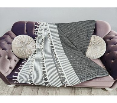 Mania Pamuklu Püsküllü Süngersiz Çizgili Siyah Tekli Koltuk Örtüsü 180x300 cm