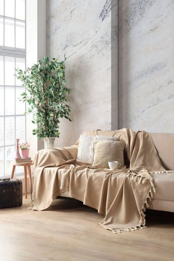 Miracolo Home Pamuklu Püsküllü Süngersiz Çizgili Kahverengi Tekli Koltuk Örtüsü 170x230 cm