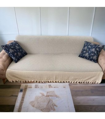 Taşkın Home Pamuklu Polar Saçaklı Süngersiz Geometrik Desenli Gri Tekli Koltuk Örtüsü 220x180 cm