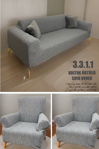 Hanemce Polyester Likralı Süngersiz Kırçıllı Giydirmeli Gri 3-3-1-1 Koltuk Örtüsü 180x230 cm