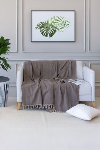Koza Home Pamuklu - Polyester Saçaklı Süngersiz Çizgili Bej Tekli Koltuk Örtüsü 180x215 cm