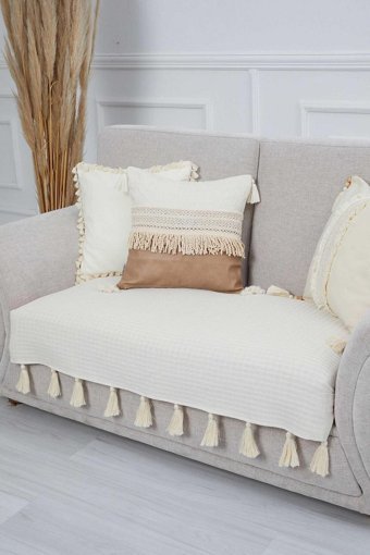 Aisha's Design KO-21-IK Pamuklu Örgü Püsküllü Süngersiz Düz Bej Tekli Koltuk Örtüsü 90x155 cm