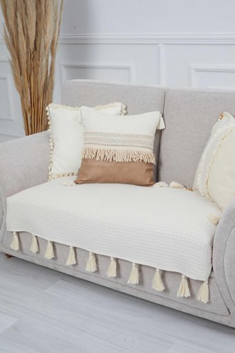 Aisha's Design KO-21-IK Pamuklu Örgü Püsküllü Süngersiz Düz Bej Tekli Koltuk Örtüsü 90x155 cm