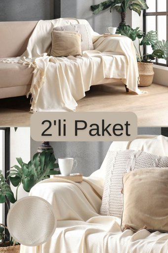 Miracolo Home Pamuklu Püsküllü Süngersiz Çizgili Ekru İkili Koltuk Örtüsü 170x230 cm