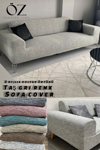 Özmakan Likralı Jakarlı Süngersiz Çizgili Giydirmeli Gri Üçlü Koltuk Örtüsü 180x230 cm