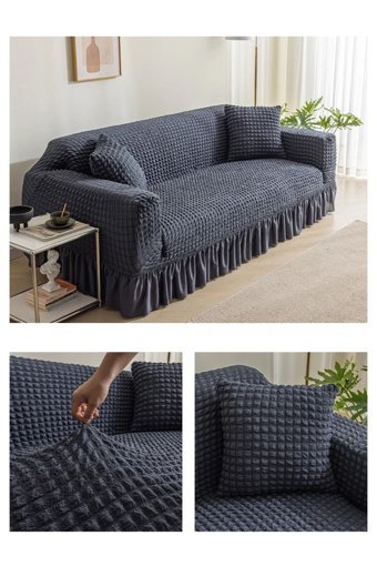 Özmakan Pamuklu - Polyester Bürümcük Jakarlı Süngersiz Düz Giydirmeli Antrasit Üçlü Koltuk Örtüsü 180x230 cm