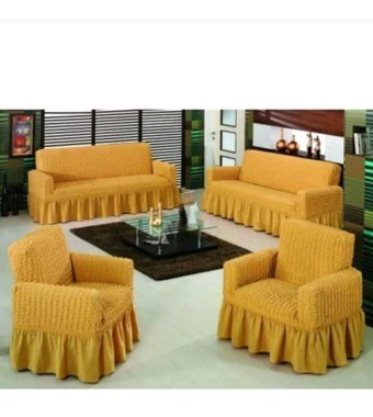 Akbu Pamuklu - Polyester Bürümcük Fırfırlı Süngersiz Giydirmeli Lastikli Sarı Dörtlü Koltuk Örtüsü 183x230 cm