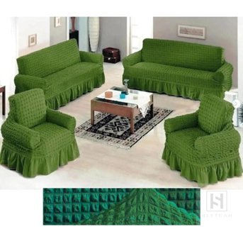 Heytgah Polyester Bürümcük-Likralı Fırfırlı Süngersiz Kapitone Giydirmeli Yeşil 3-3-1-1 Koltuk Örtüsü 80x120 cm