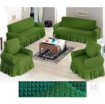 Heytgah Polyester Bürümcük-Likralı Fırfırlı Süngersiz Kapitone Giydirmeli Yeşil 3-3-1-1 Koltuk Örtüsü 80x120 cm