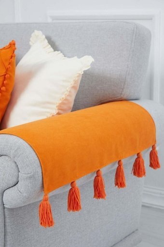 Aisha's Design KC-4 Polyester Örgü Püsküllü Süngersiz Düz Turuncu İkili Koltuk Örtüsü 65x57 cm