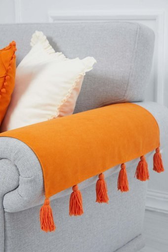 Aisha's Design KC-4 Polyester Örgü Püsküllü Süngersiz Düz Turuncu İkili Koltuk Örtüsü 65x57 cm