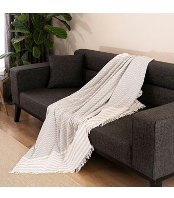 Dafne Moda Naturel Pamuklu Kanvas Saçaklı Süngersiz Armürlü Gri Üçlü Koltuk Örtüsü 170x210 cm