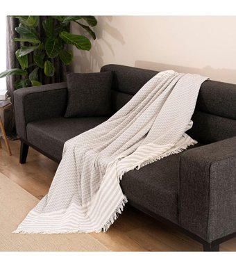 Dafne Moda Naturel Pamuklu Kanvas Saçaklı Süngersiz Armürlü Gri Üçlü Koltuk Örtüsü 170x210 cm