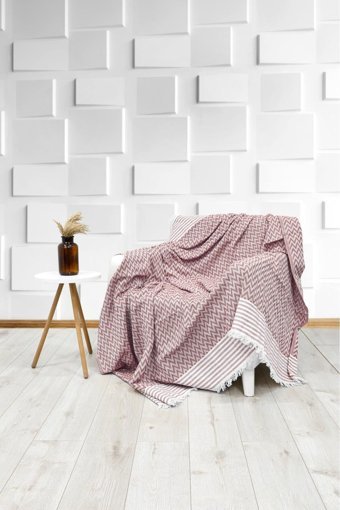 Favora Pamuklu - Polyester Örgü Püsküllü Süngersiz Geometrik Desenli Bordo Tekli Koltuk Örtüsü 170x210 cm