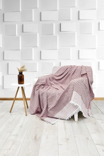 Favora Pamuklu - Polyester Örgü Püsküllü Süngersiz Geometrik Desenli Bordo Tekli Koltuk Örtüsü 170x210 cm