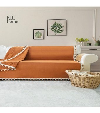 Ndc Home Premium Keten Ponponlu Süngersiz Düz Kahverengi Tekli Koltuk Örtüsü 170x220 cm