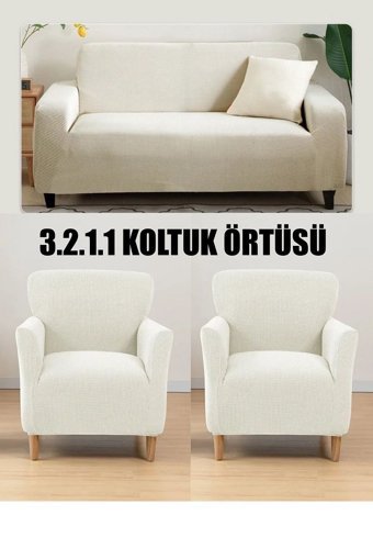 İntil Pamuklu - Polyester Likralı Süngersiz Düz Giydirmeli Krem 3-2-1-1 Koltuk Örtüsü 180x230 cm