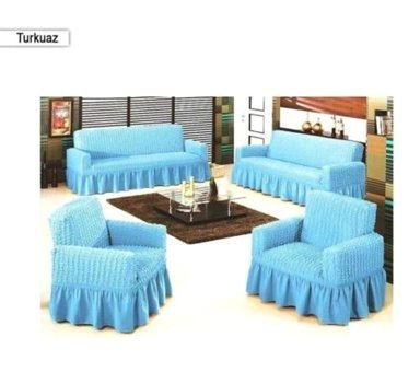 Evory Pamuklu - Polyester Bürümcük Jakarlı Süngersiz Armürlü Giydirmeli Mavi Sekizli Koltuk Örtüsü