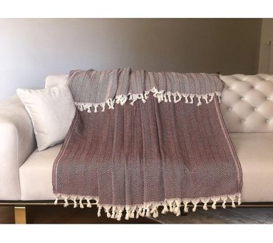 Koza Home Pamuklu - Polyester Saçaklı Süngersiz Çizgili Bordo Tekli Koltuk Örtüsü 180x220 cm