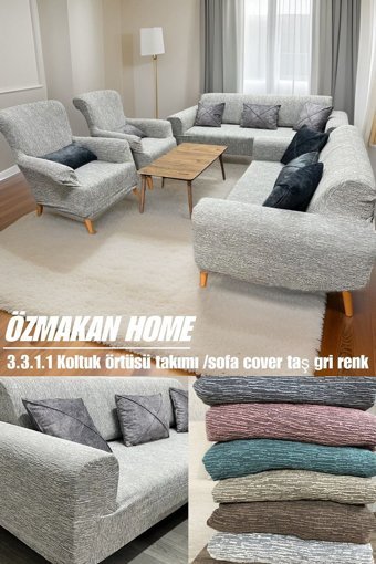 Özmakan Pamuklu - Polyester Likralı Jakarlı Süngersiz Çizgili Giydirmeli Bej Tekli Koltuk Örtüsü 185x220 cm