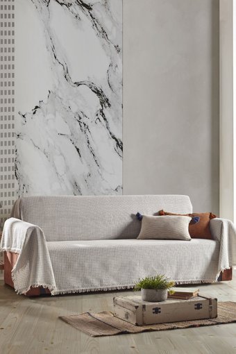 Lux Touch Yaren Pamuklu Saçaklı Süngersiz Geometrik Desenli Gri Tekli Koltuk Örtüsü 180x320 cm