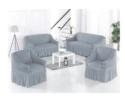 Uytm Polyester Bürümcük-Likralı Drapeli Süngerli Düz Giydirmeli Gri Dörtlü Koltuk Örtüsü 180x230 cm