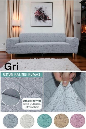 Seltenet Likralı Jakarlı Süngersiz Çiçek Desenli Giydirmeli Su Geçirmez Gri Tekli Koltuk Örtüsü 180x230 cm