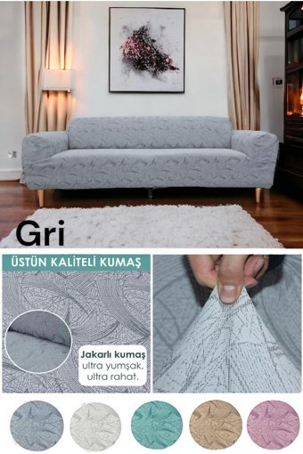 Seltenet Likralı Jakarlı Süngersiz Çiçek Desenli Giydirmeli Su Geçirmez Gri Tekli Koltuk Örtüsü 180x230 cm