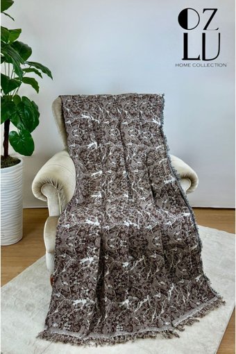 Özlü Home Pamuklu - Polyester Örgü Saçaklı Süngersiz Mermer Desenli Kahverengi Tekli Koltuk Örtüsü 170x220 cm