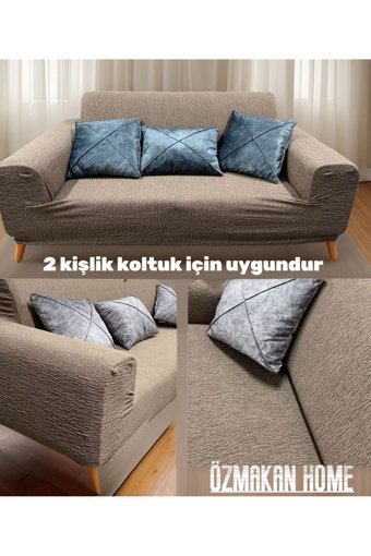 Özmakan Pamuklu - Polyester Likralı Jakarlı Süngersiz Çizgili Giydirmeli Kahverengi İkili Koltuk Örtüsü 135x180 cm