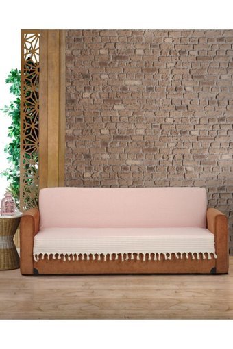 Genç Uludağ Pamuklu Püsküllü Süngersiz Çizgili Pembe Tekli Koltuk Örtüsü 180x220 cm