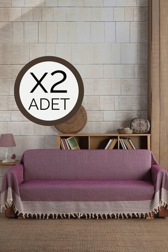 Lux Touch Pamuklu Püsküllü Süngersiz Geometrik Desenli Mor İkili Koltuk Örtüsü 180x300 cm
