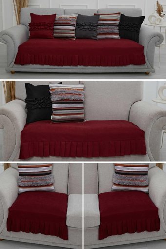Aisha's Design KTK-8 Polyester Örgü Pileli Süngersiz Düz Bordo Üçlü Koltuk Örtüsü 34x48 cm