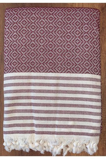 Rozet Tekstil Pamuklu Örgü Püsküllü Süngersiz Geometrik Desenli Bordo Tekli Koltuk Örtüsü 170x200 cm