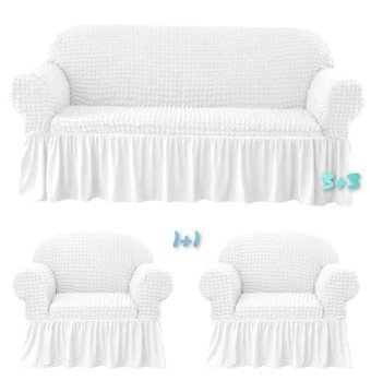 Güzel Aral Pamuklu - Polyester Bürümcük Fırfırlı Kapitone Giydirmeli Beyaz 3-3-1-1 Koltuk Örtüsü 180x230 cm
