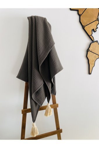 Lebohas Pamuklu Püsküllü Süngersiz Düz Gri Tekli Koltuk Örtüsü 130x170 cm