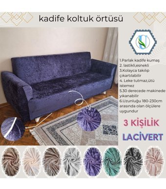 Uy Style Tekstil Kadife Süngerli Armürlü Giydirmeli Lacivert Tekli Koltuk Örtüsü 180x230 cm