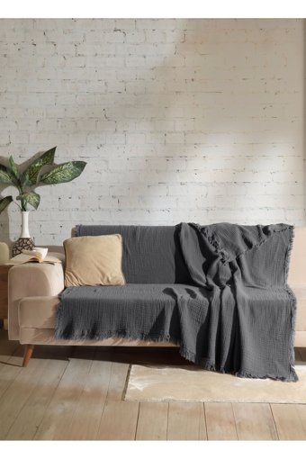 Oteks Home Collection Müslin Örgü Saçaklı Süngersiz Armürlü Gri Tekli Koltuk Örtüsü 200x200 cm