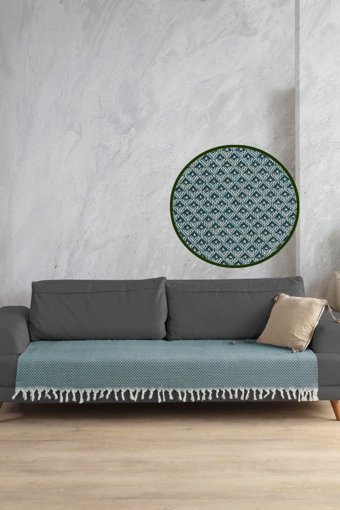 Ladynil Pamuklu Saçaklı Süngersiz Geometrik Desenli Yeşil Tekli Koltuk Örtüsü 115x201 cm