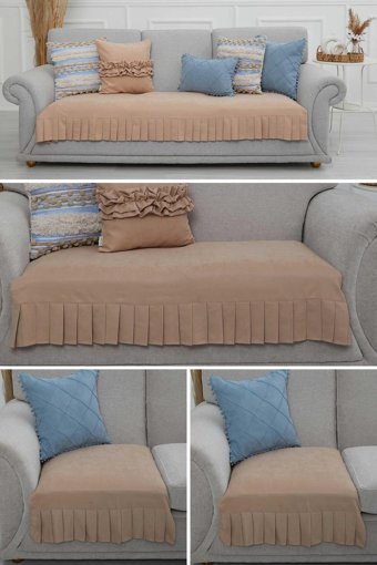 Aisha's Design KTK-8 Polyester Örgü Pileli Süngersiz Düz Vizon Dörtlü Koltuk Örtüsü 34x48 cm