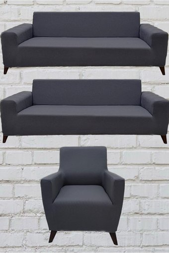 Şahane Ev Mikro Polyester Likralı Jakarlı Süngersiz Düz Giydirmeli Lastikli Gri Üçlü Koltuk Örtüsü 51x42 cm