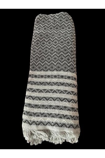 Samet Home Pamuklu Örgü Saçaklı Süngersiz Çizgili Gri Üçlü Koltuk Örtüsü 170x210 cm