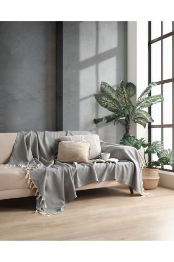 Botex Pamuklu Püsküllü Süngersiz Düz Gri Tekli Koltuk Örtüsü 170x230 cm